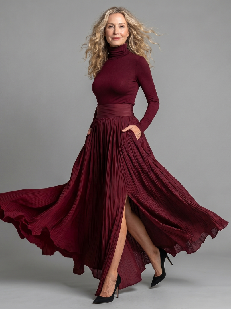 Lana | Long-Sleeve High-Neck Defined Waist Midi Dress