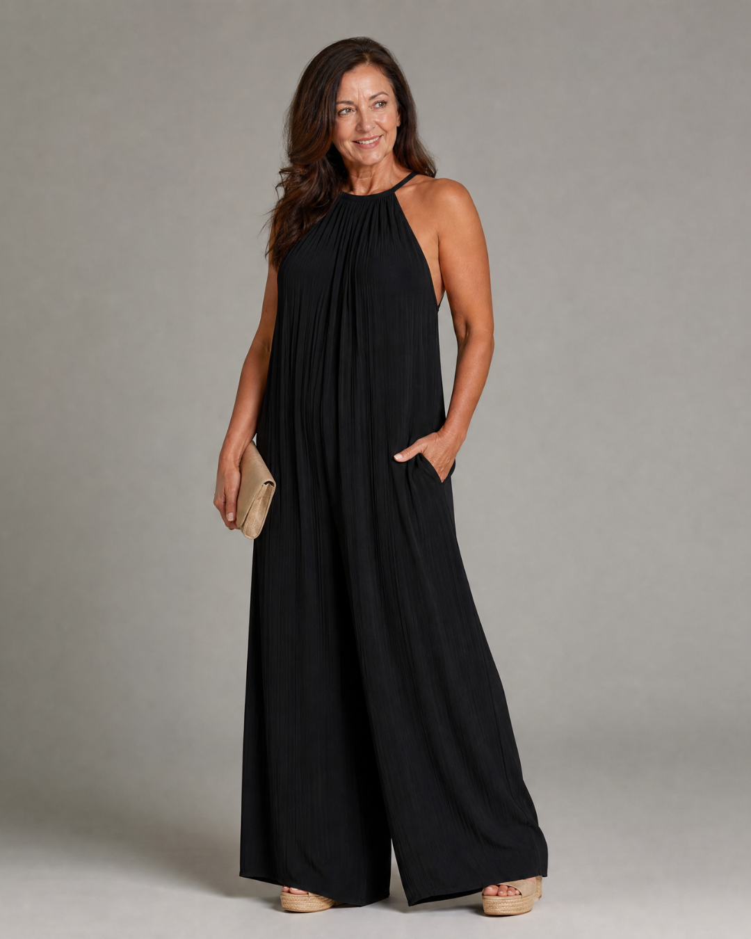 Sylvara | Relaxed Wide-Leg Pleated Halter Neck Jumpsuit