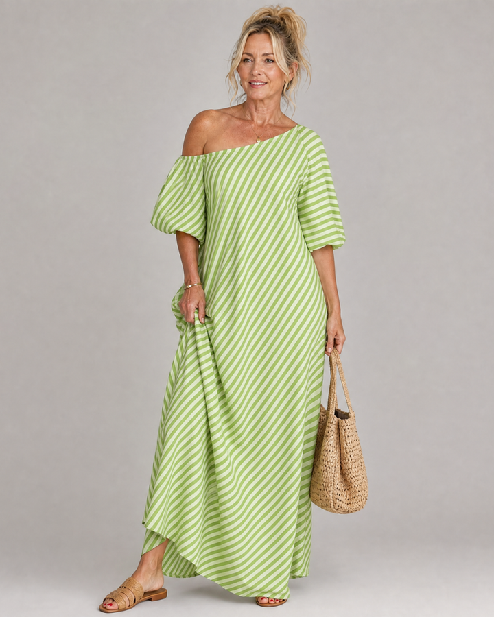 Zamrina | Striped Midi Dress with Off-Shoulder Ruffle Sleeves