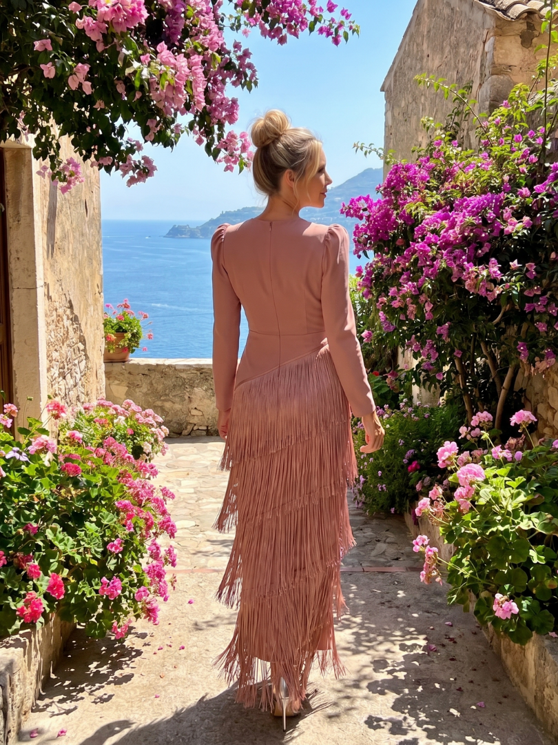 Samara | Long-Sleeve Midi Dress with Soft Fringe