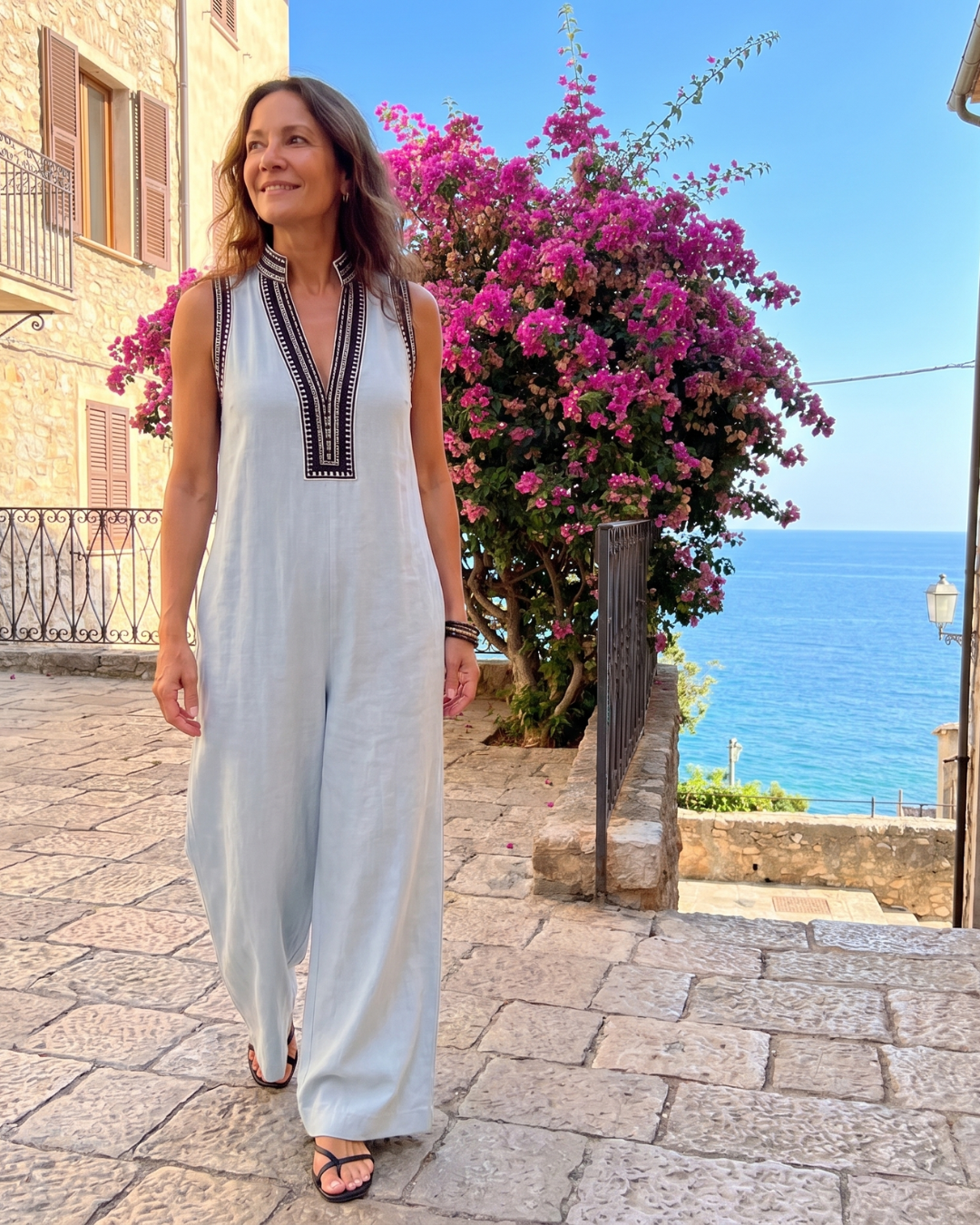 Velmira | Sleeveless Embroidered V-Neck Wide-Leg Jumpsuit