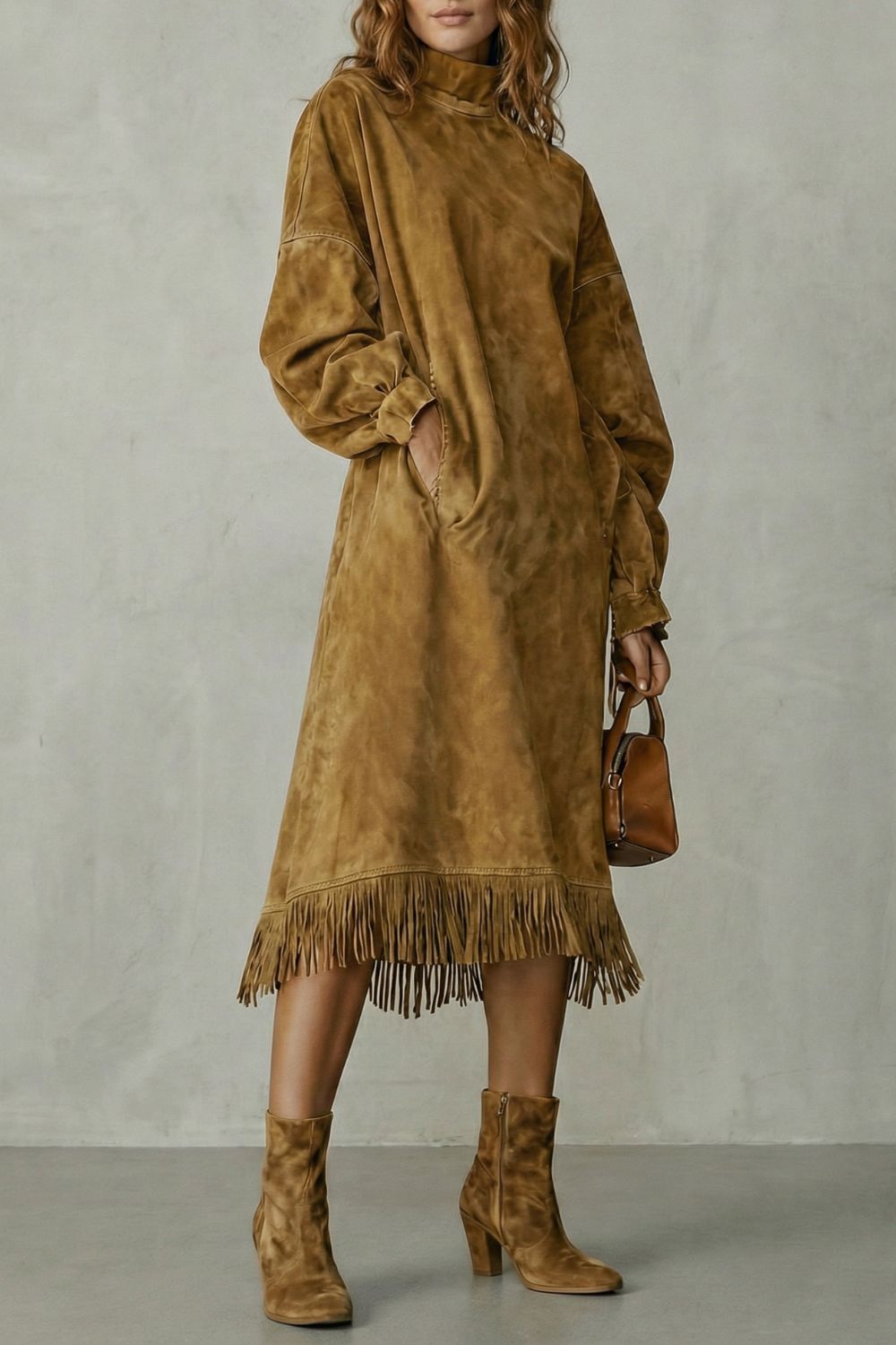 Valdrina – Suede fringe detail – Midi turtleneck dress