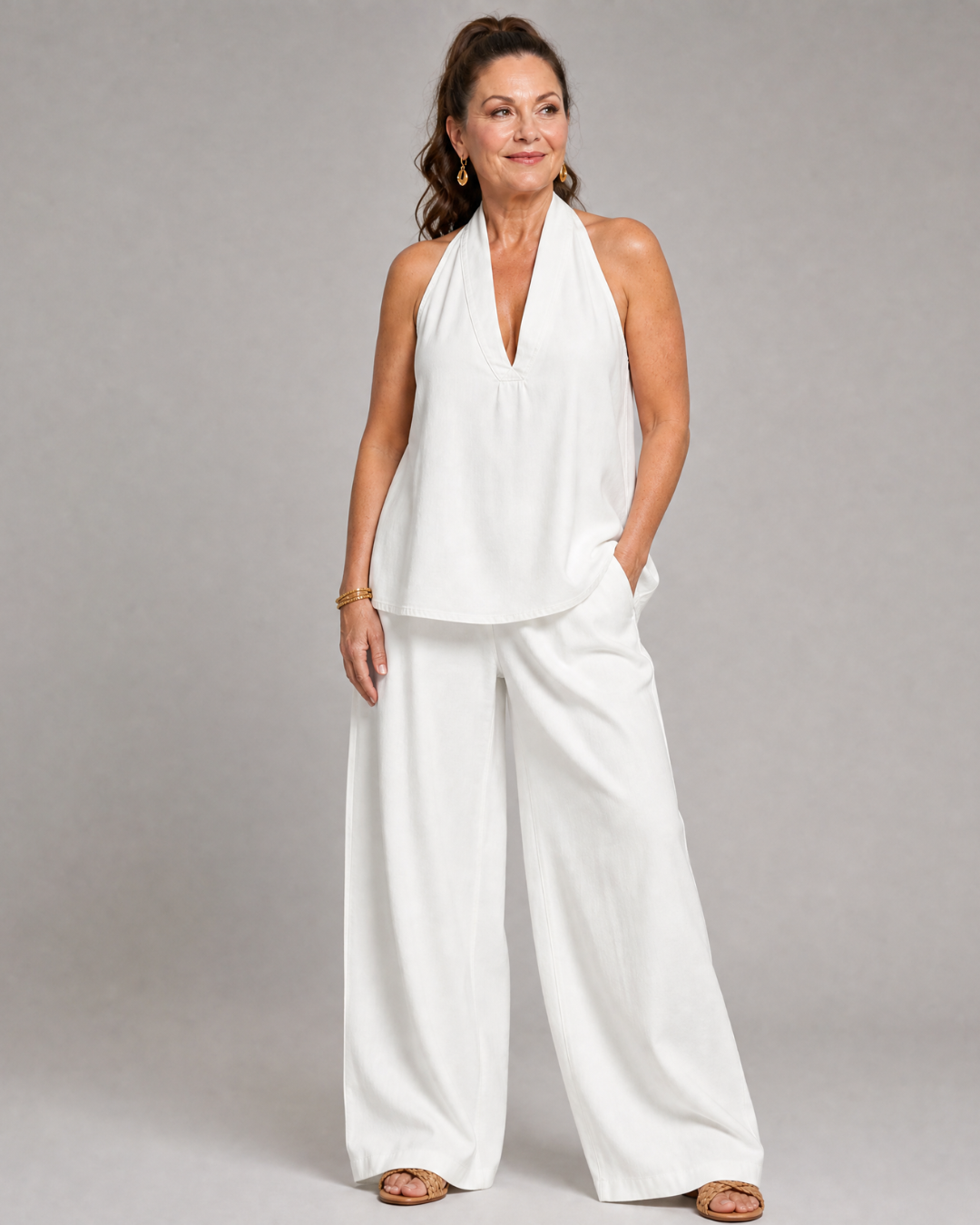 Zorelle | Denim Halter Neck Top and Wide-Leg Trousers