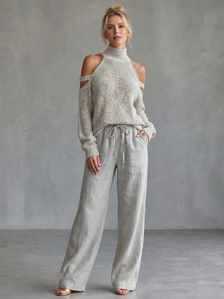 Questo | Off-Shoulder Knit Top and Wide-Leg Trousers Set