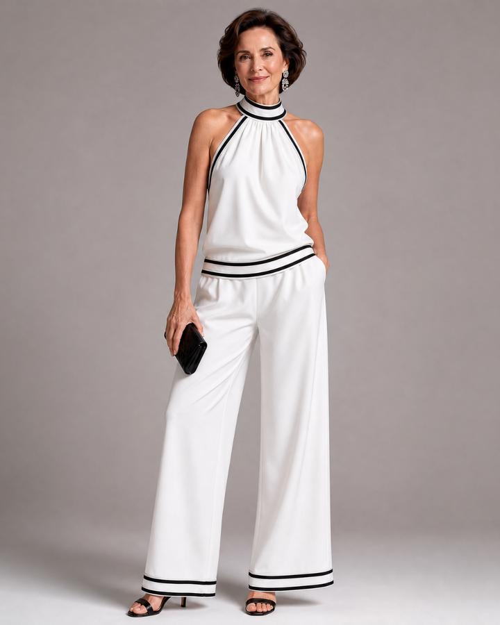 Zephyrine | Halter Neck Wide-Leg Jumpsuit with Contrast Details