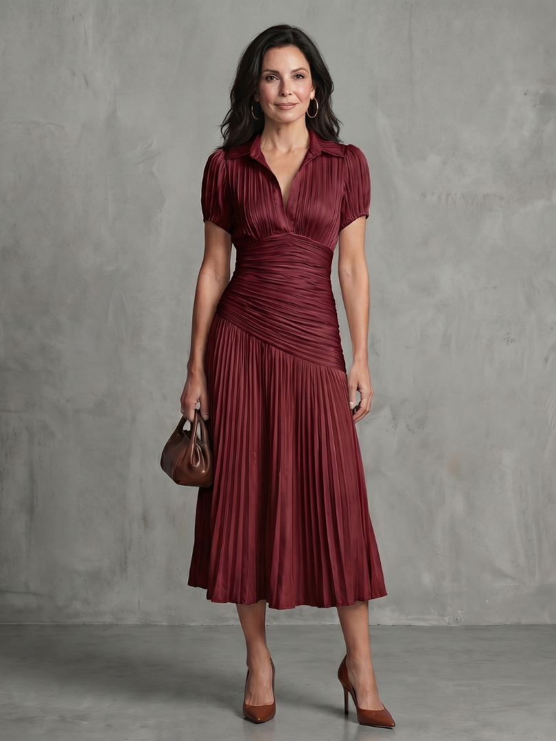 Theodora | Striped Midi Dress with Pleated Waist