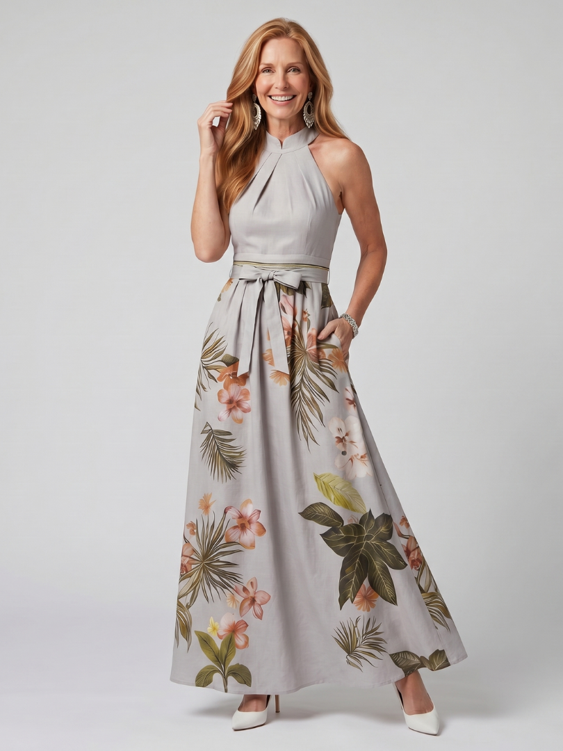 Meadow | Maxi Dress with Botanical Panel and Halter Neck