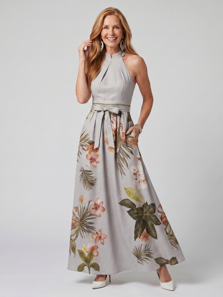 Meadow | Maxi Dress with Botanical Panel and Halter Neck
