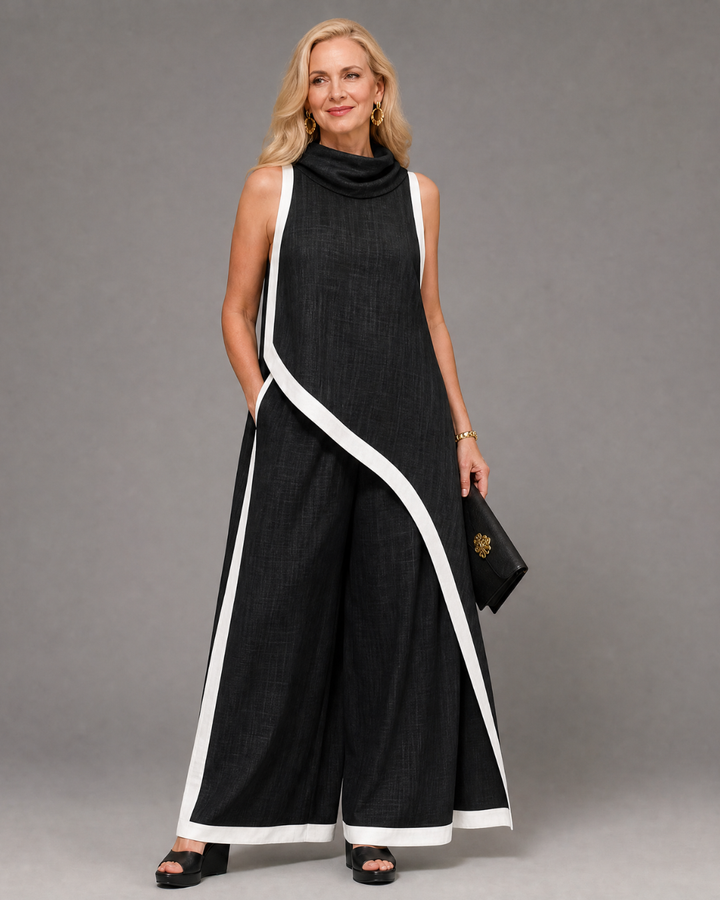 Valthera | Sleeveless Contrast-Trim Layered Top and Wide-Leg Trousers Set