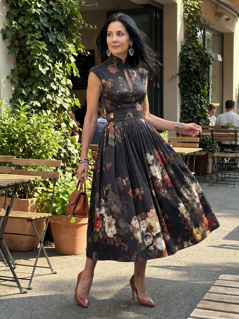 Greta | Pleated Floral High-Neck Keyhole Midi Dress