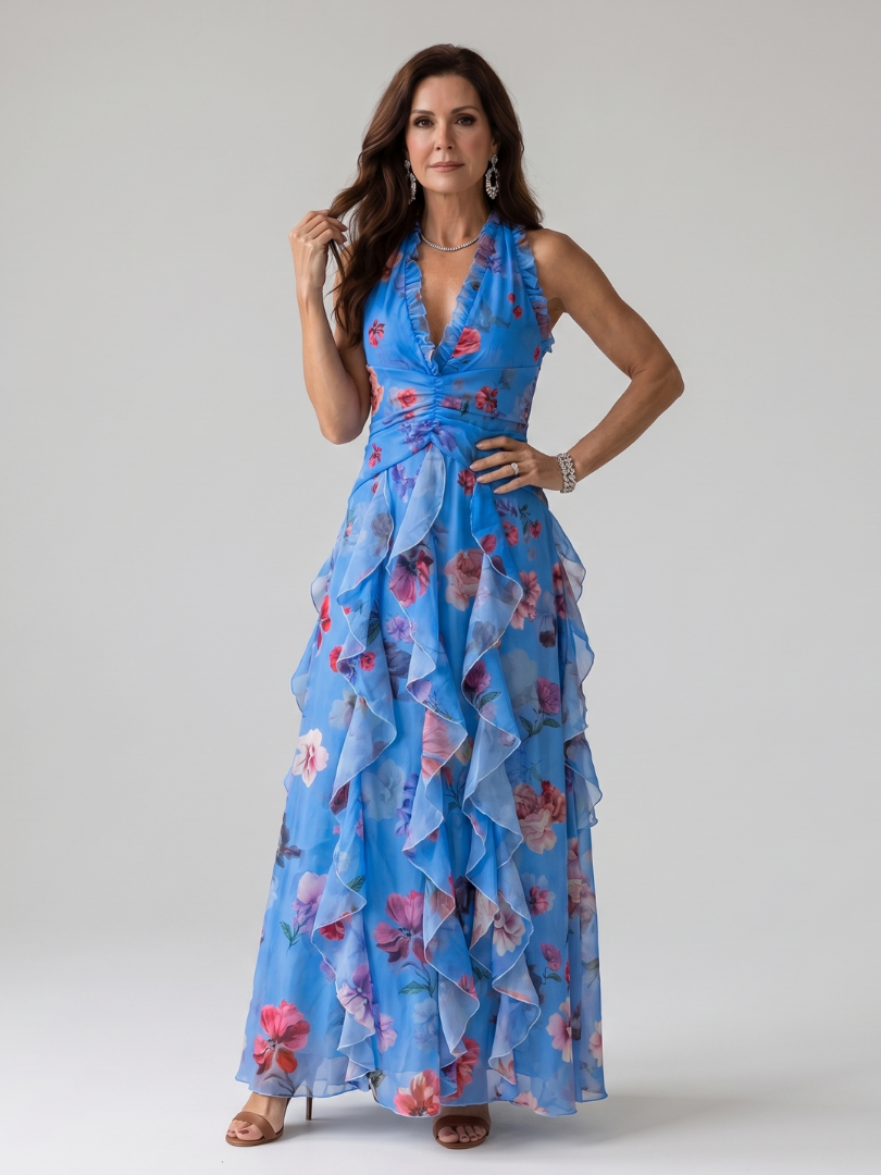 Nori | Floral Maxi Dress with Gathered Bodice and Halter Neck