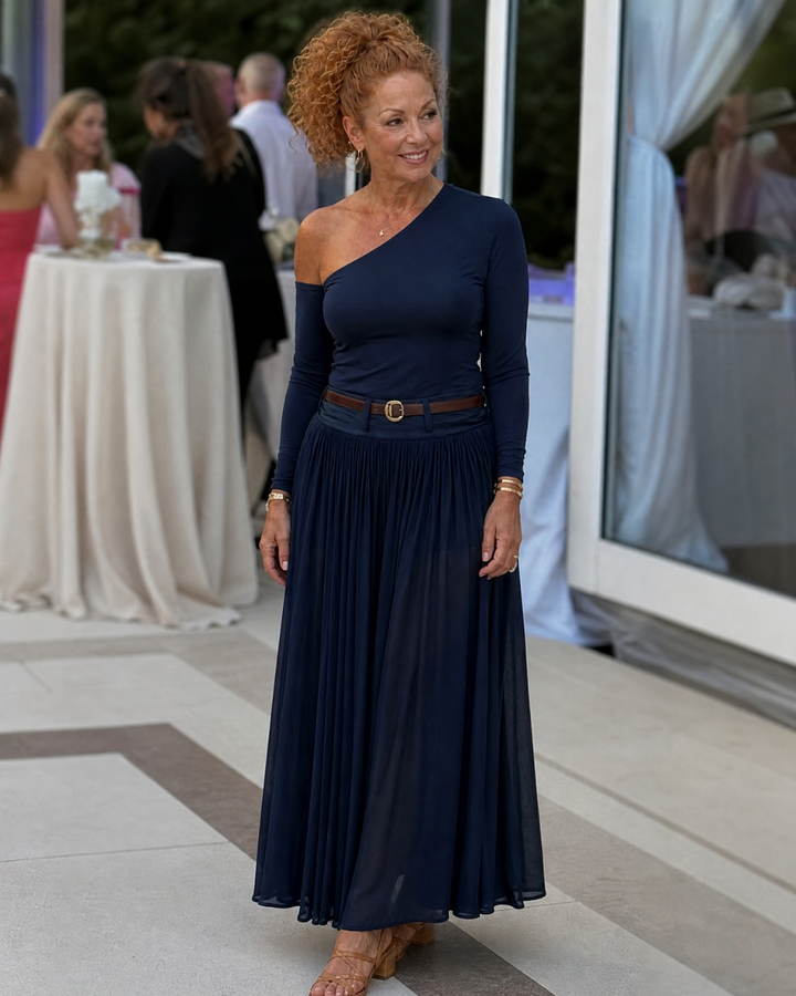 Nythera | One-Shoulder Fitted Top and Pleated Maxi Skirt Set