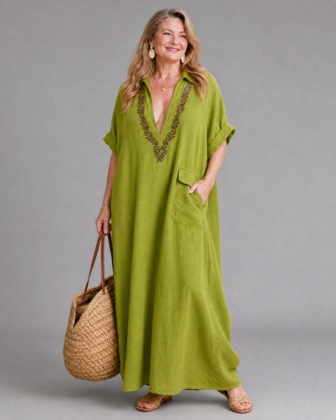 Elakeja | Relaxed Midi Dress with Pocket Detail and Embroidered V-Neck