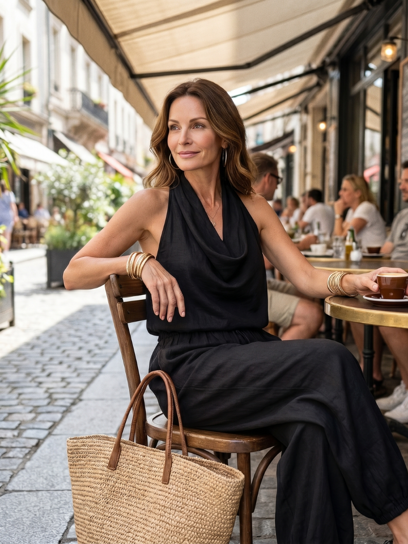 Yvaine | Draped Neck Flowy Top and Wide-Leg Trousers