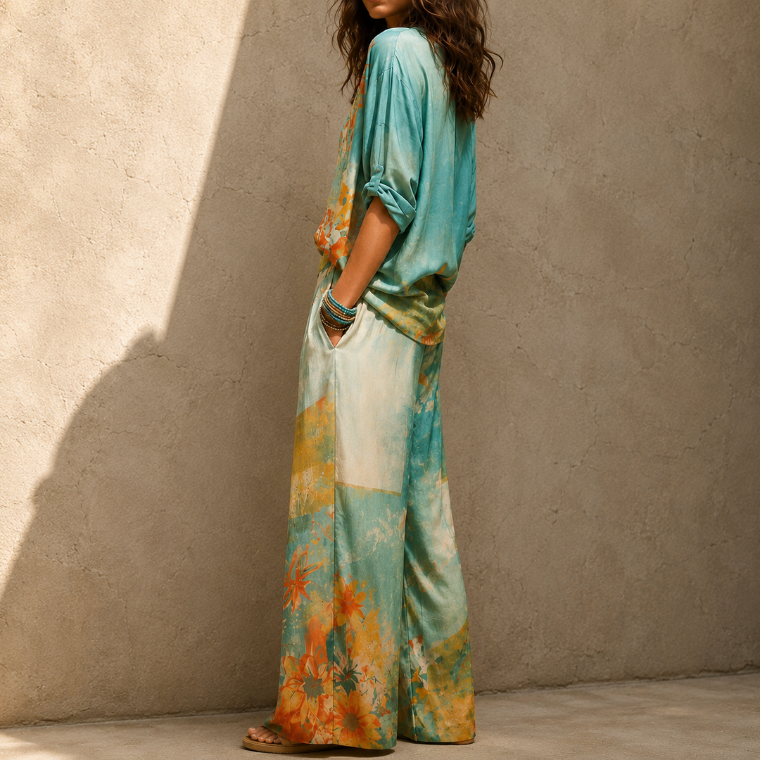 Chiara | Elegant Floral Print Set with Wide-Leg Trousers
