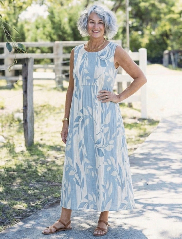 Solene | Sleeveless Blue Midi Dress with Leaf Pattern