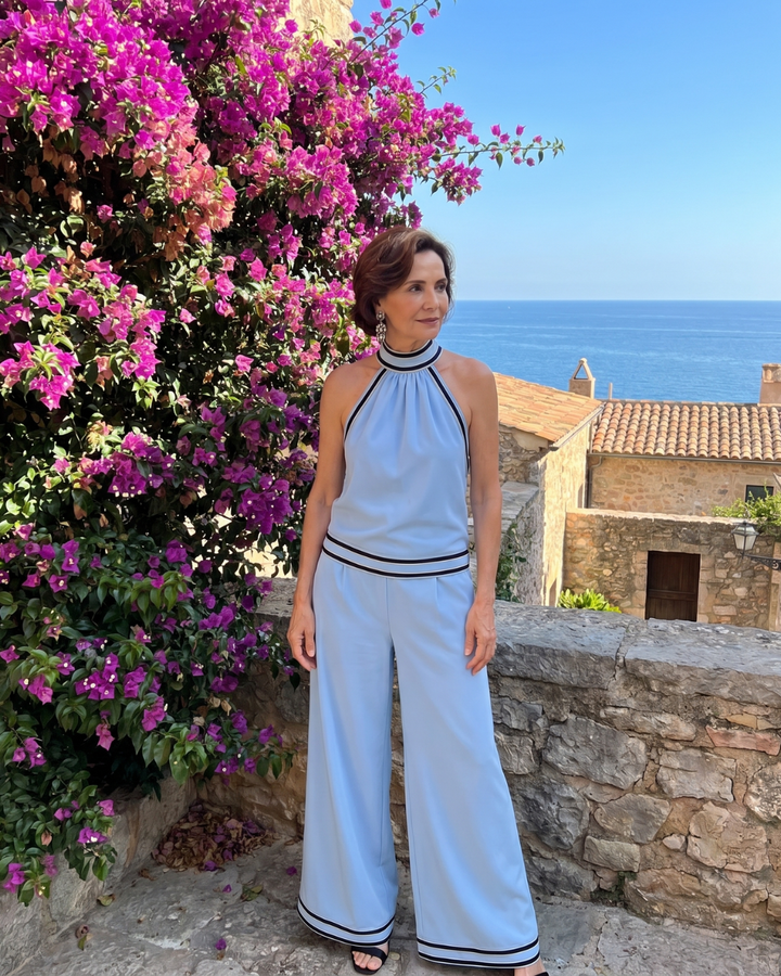 Zephyrine | Halter Neck Wide-Leg Jumpsuit with Contrast Details