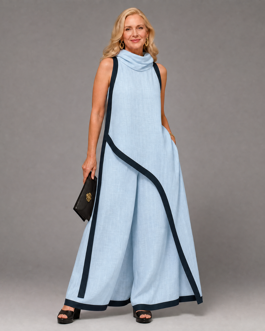 Valthera | Sleeveless Contrast-Trim Layered Top and Wide-Leg Trousers Set