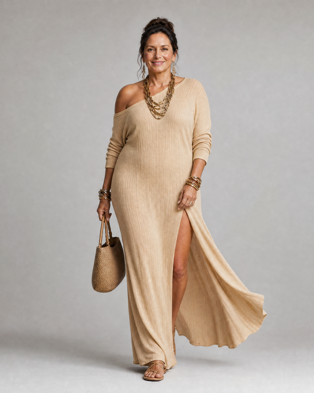 Asterelle | Off-Shoulder Flowy Midi Dress with Side Slit