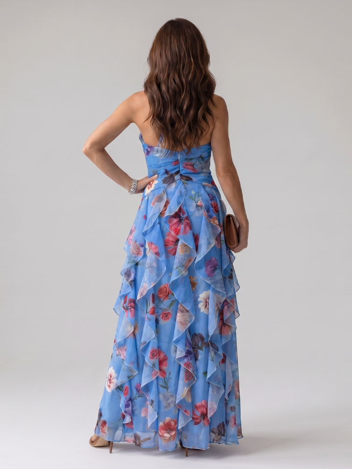 Nori | Floral Maxi Dress with Gathered Bodice and Halter Neck