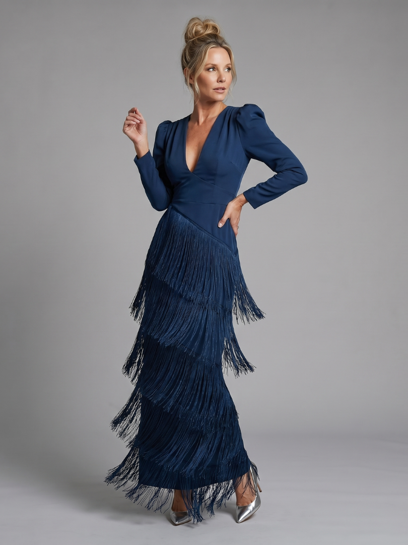 Samara | Long-Sleeve Midi Dress with Soft Fringe