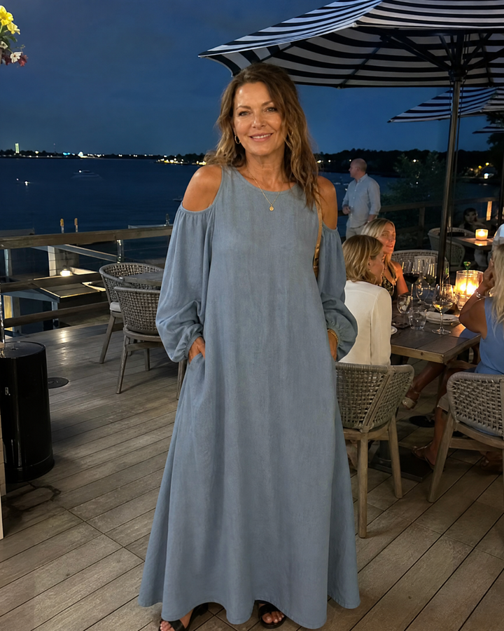 Sylphine | Relaxed Maxi Dress with Off-Shoulder Balloon Sleeves