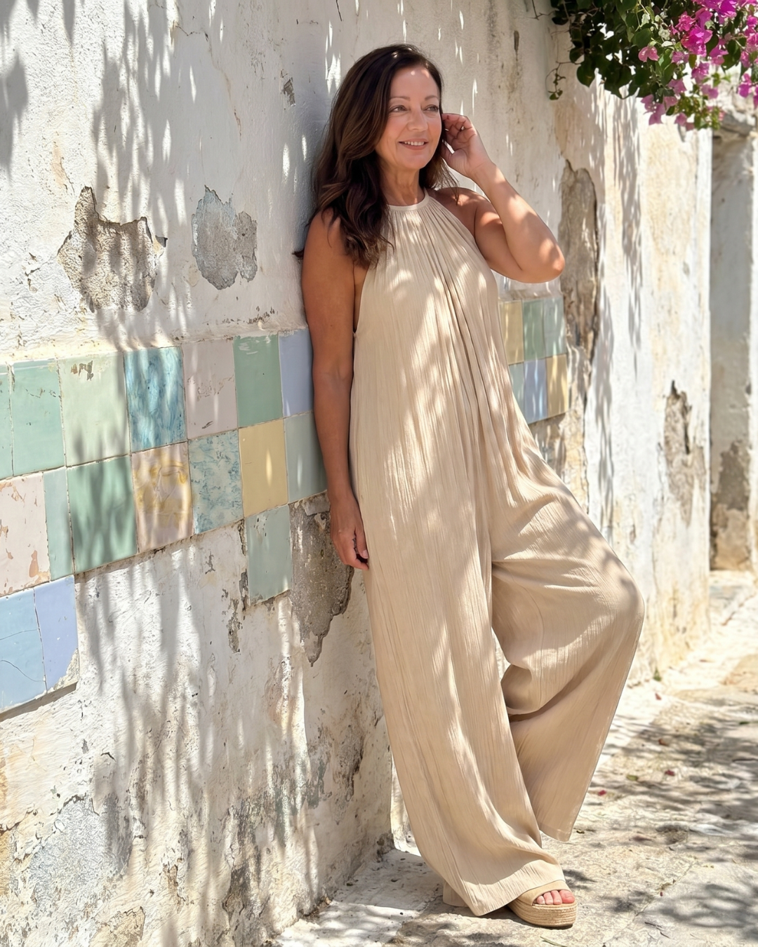 Sylvara | Relaxed Wide-Leg Pleated Halter Neck Jumpsuit