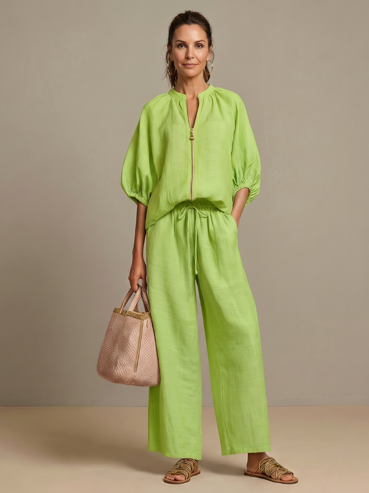 Natalia | Zip Blouson Top and Wide-Leg Trousers