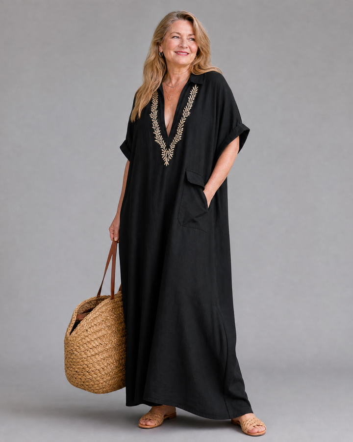 Elakeja | Relaxed Midi Dress with Pocket Detail and Embroidered V-Neck