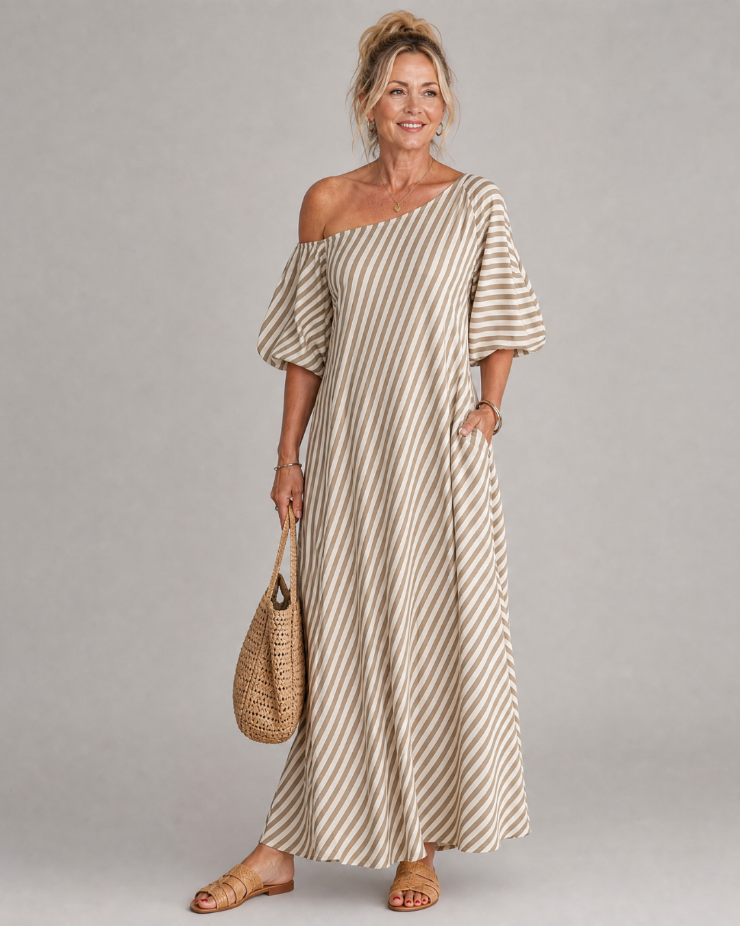 Zamrina | Striped Midi Dress with Off-Shoulder Ruffle Sleeves