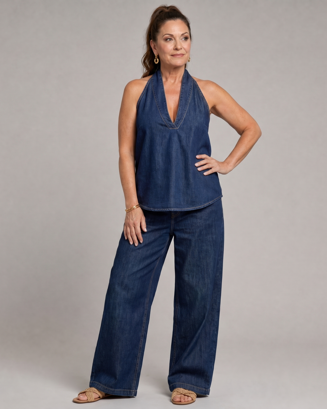 Zorelle | Denim Halter Neck Top and Wide-Leg Trousers