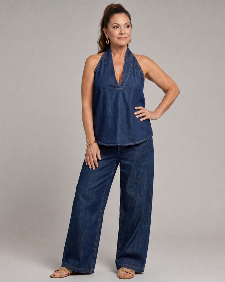 Zorelle | Denim Halter Neck Top and Wide-Leg Trousers