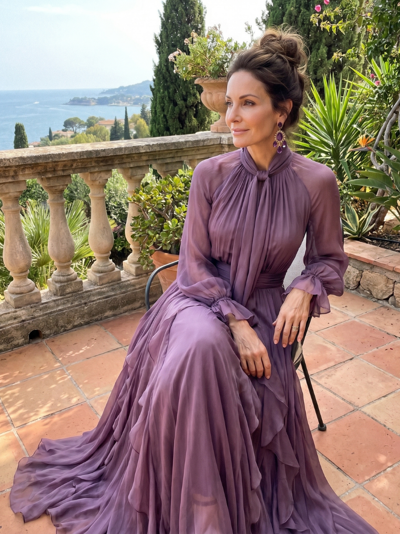 Demetria | Maxi Dress with Bow Collar and Tiered Stripes