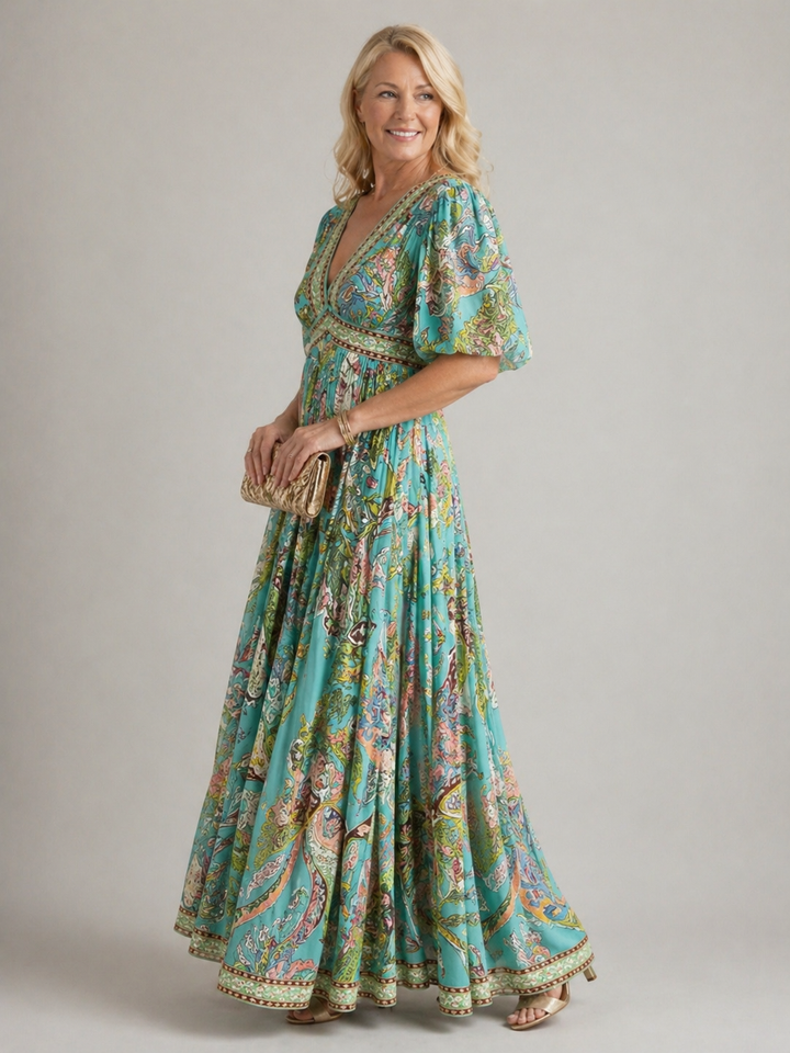 Stella & Grace™ | Lightweight Maxi Dress with Balloon Sleeves and V-Neck