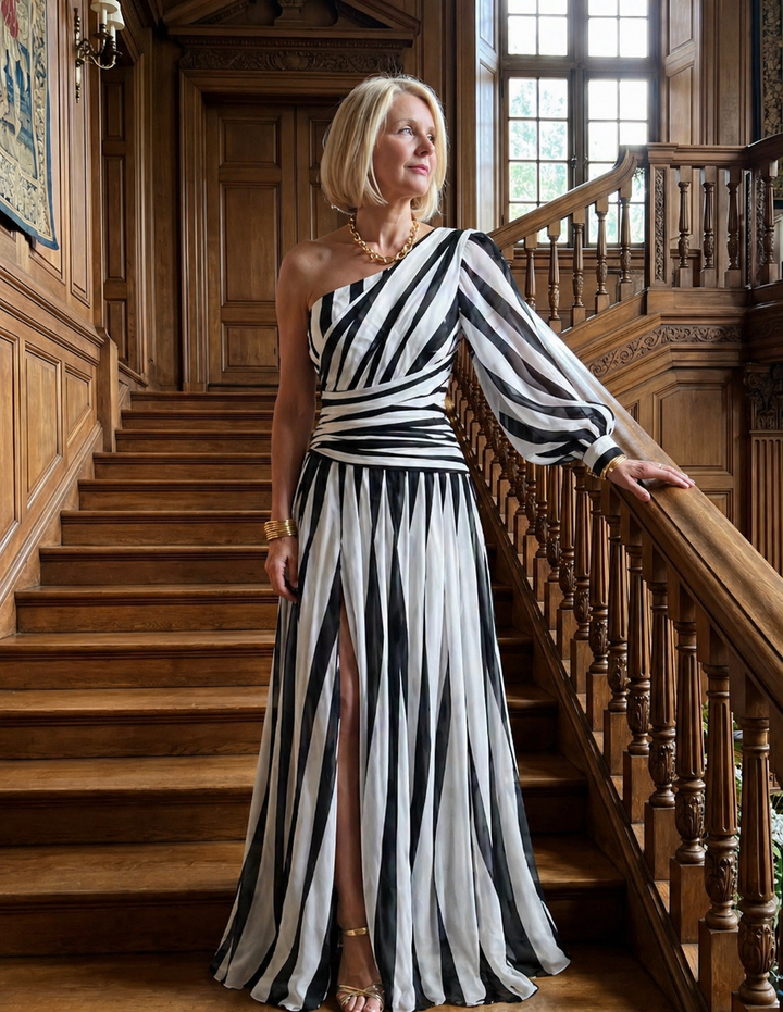Stella & Grace™ | Elegant One-Shoulder Striped Maxi Dress