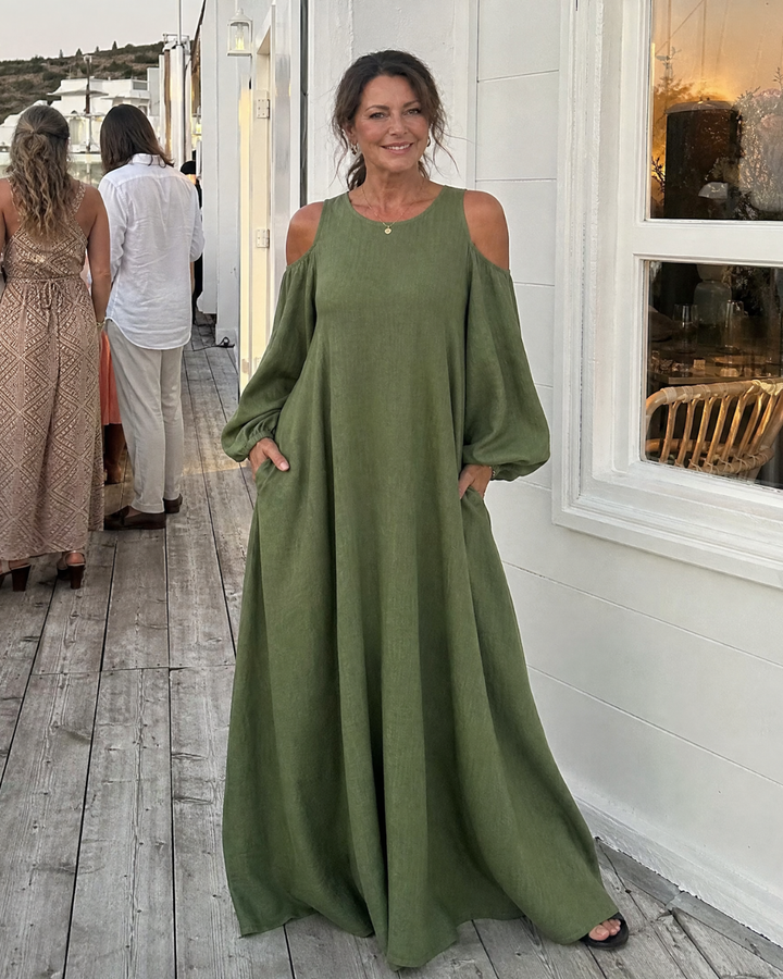 Sylphine | Relaxed Maxi Dress with Off-Shoulder Balloon Sleeves