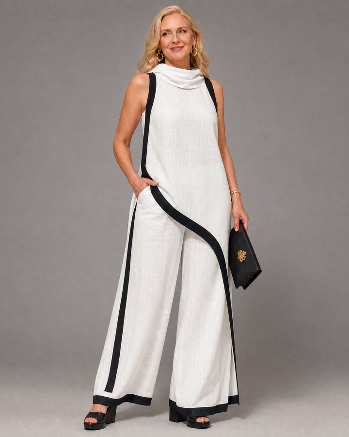 Valthera | Sleeveless Contrast-Trim Layered Top and Wide-Leg Trousers Set