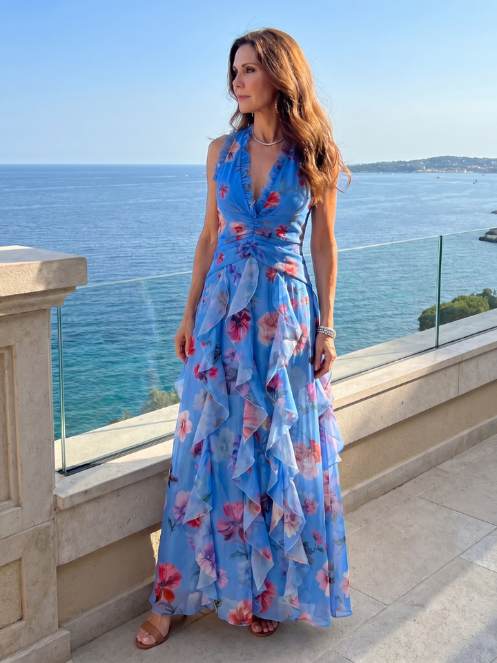 Nori | Floral Maxi Dress with Gathered Bodice and Halter Neck