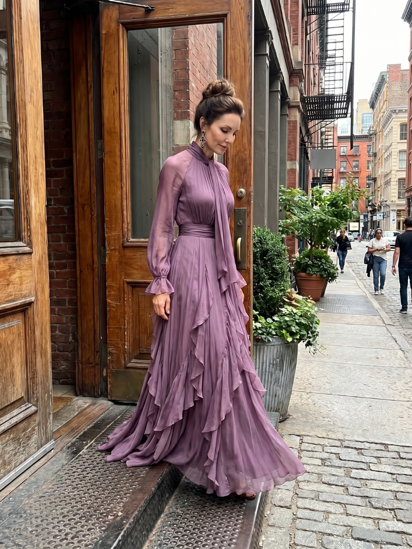 Demetria | Maxi Dress with Bow Collar and Tiered Stripes