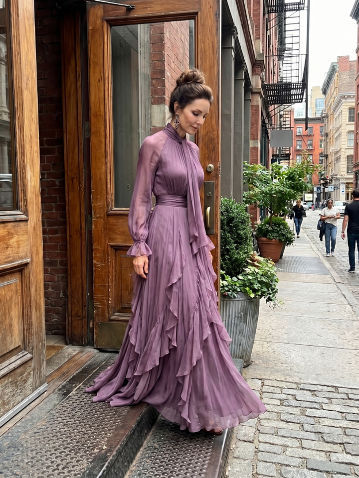 Demetria | Maxi Dress with Bow Collar and Tiered Stripes