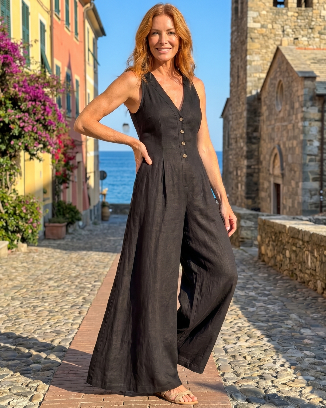 Lyssara | Sleeveless Button Wide-Leg Relaxed Jumpsuit