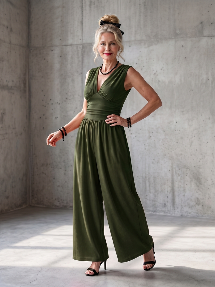 Vincenza | High Waist Deep V-Neck Wide-Leg Jumpsuit