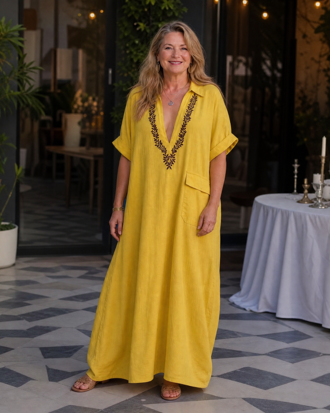 Elakeja | Relaxed Midi Dress with Pocket Detail and Embroidered V-Neck