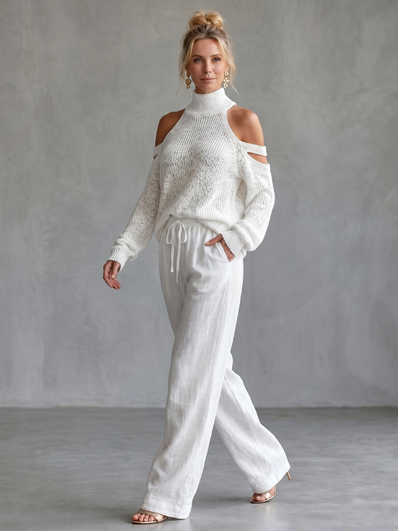 Questo | Off-Shoulder Knit Top and Wide-Leg Trousers Set