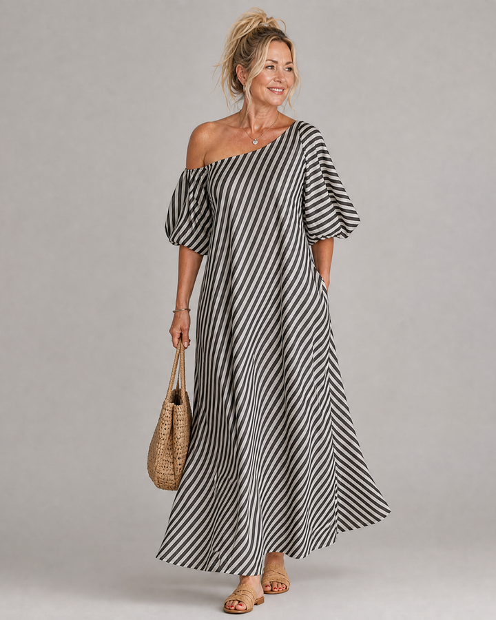 Zamrina | Striped Midi Dress with Off-Shoulder Ruffle Sleeves