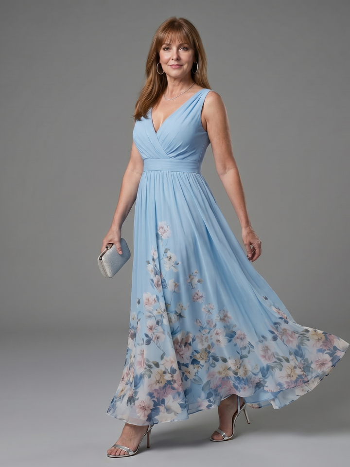 Clarissa | Sleeveless V-Neck Midi Dress with Soft Floral Hem