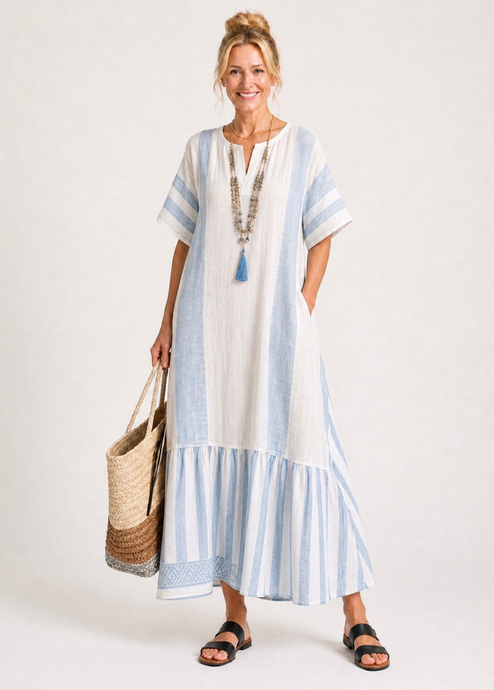 Ione | Striped Round Neck Short Sleeve Maxi Dress