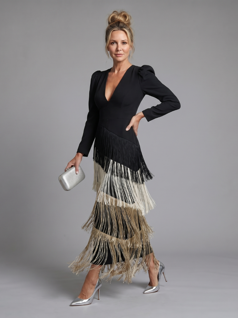Samara | Long-Sleeve Midi Dress with Soft Fringe