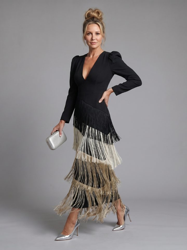 Samara | Long-Sleeve Midi Dress with Soft Fringe