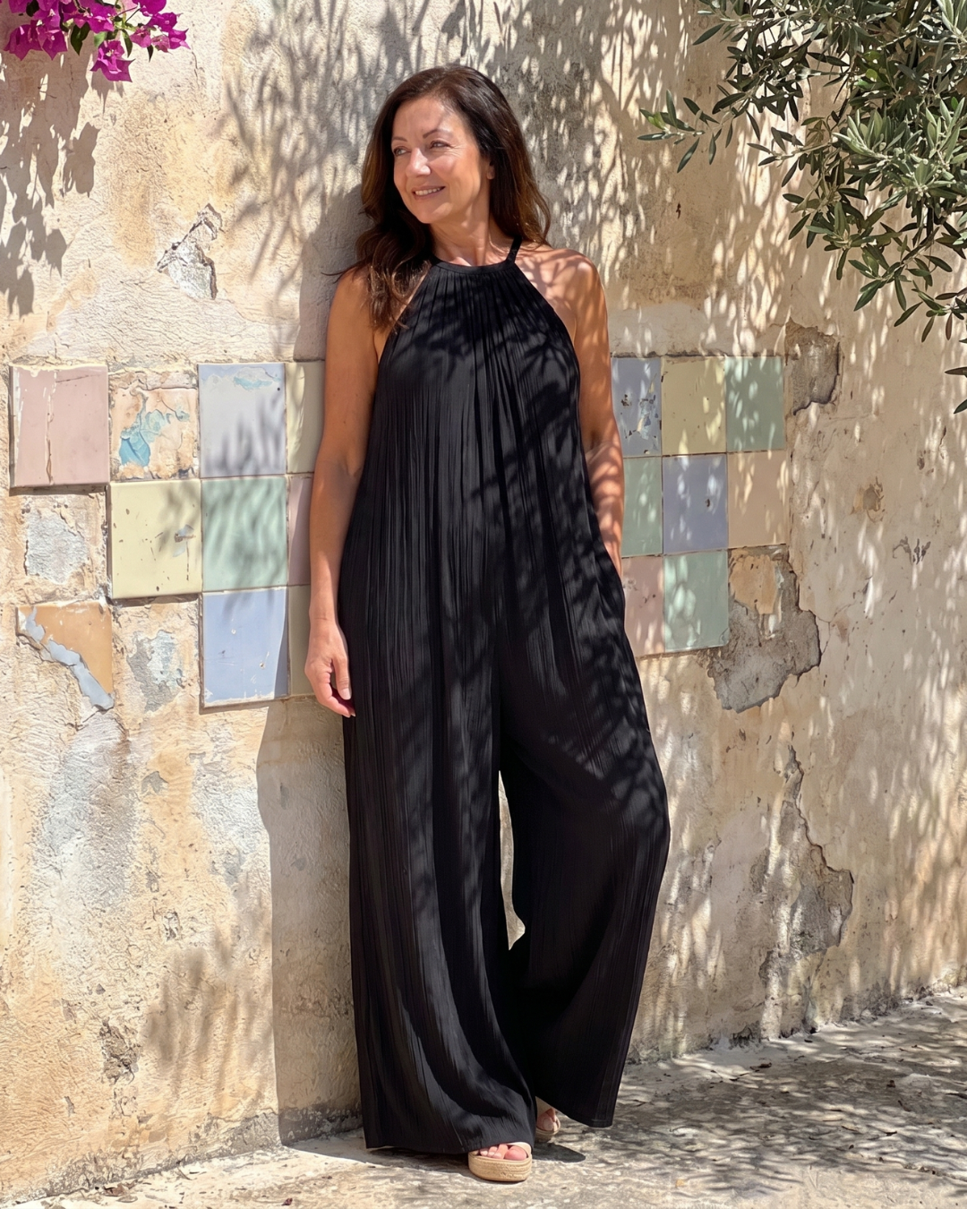 Sylvara | Relaxed Wide-Leg Pleated Halter Neck Jumpsuit